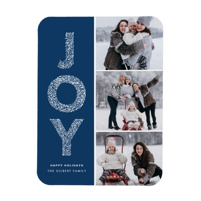 JOY Foliage Lettering Blue Photo Collage Magnet (Vertikal)