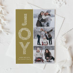 JOY Foliage Lettering Guld Photo Collage Julkort<br><div class="desc">JOY Foliage Lettering Guld julfotopaket - platt kort | Skicka julhälsningar med det här visuella helgdag-fotokortet. Den har JOY foliage dekorativ typografi och festive mönster. Anpassa genom att lägga till namn,  meddelande och foton.</div>