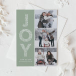 JOY Foliage Lettering Sage Grönt Photo Collage Julkort<br><div class="desc">JOY Foliage Lettering Terracotta-julfotopatkort | Skicka julhälsningar med det här visuella helgdag-fotokortet. Den har JOY-löv,  dekorativ typografi och festive mönster. Anpassa helgdag för grönt genom att lägga till namn,  meddelande och foton.</div>