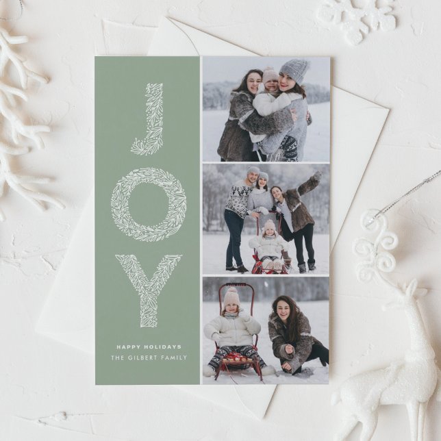 JOY Foliage Lettering Sage Grönt Photo Collage Julkort (Skapare uppladdad)