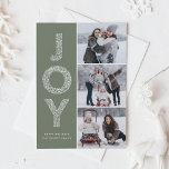 JOY Foliage Lettering Taupe Grönt Photo Collage Julkort<br><div class="desc">Fira årstiden med vårt anpassade, tre fotokollage julkort, vilket är mycket designat för att sprida helgdag cheer. Med ord "JOY" i elegant bladtypografi mot bakgrund av en serene taupe-grönt är detta kort perfekt för att visa dina favoritfestive-minnen. Anpassa det här fotokollage-julkortet genom att lägga till foton, namn och meddelanden. Perfekt...</div>