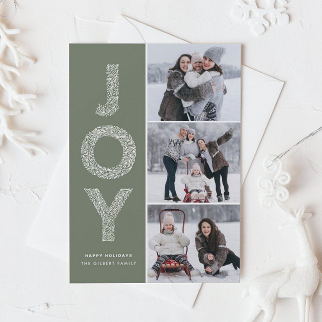 JOY Foliage Lettering Taupe Grönt Photo Collage Julkort (Celebrate the season with our customizable three photo collage Christmas card)