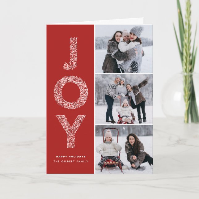JOY Foliage Typography Red jul Photo Collage Helgkort (Framsida)