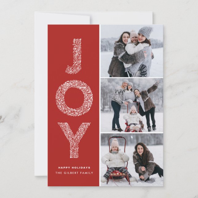 JOY Foliage Typography Red jul Photo Collage Julkort (Framsida)