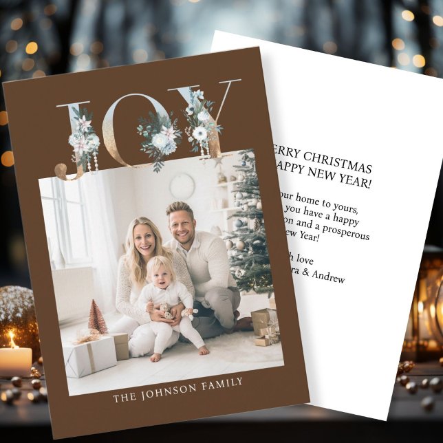 JOY-God jul! Modern, enkel bild Julkort (Customer specific "Joy-Merry Christmas" brown-gold, photo holiday card. )
