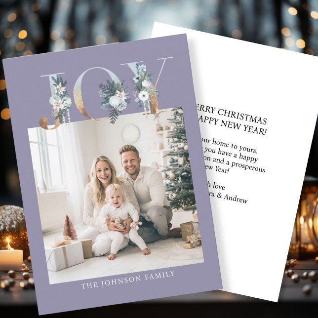 JOY-God jul! Modern, enkel bild Julkort (Customer specific "Joy-Merry Christmas" violet-gold, photo holiday card. )
