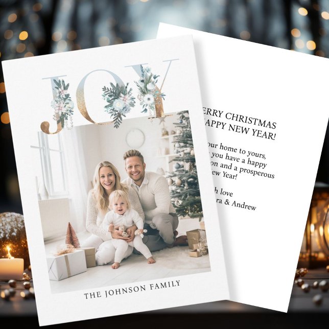 JOY-God jul! Modern, enkel bild Julkort (Customer specific "Joy-Merry Christmas" white-gold, photo holiday card. )