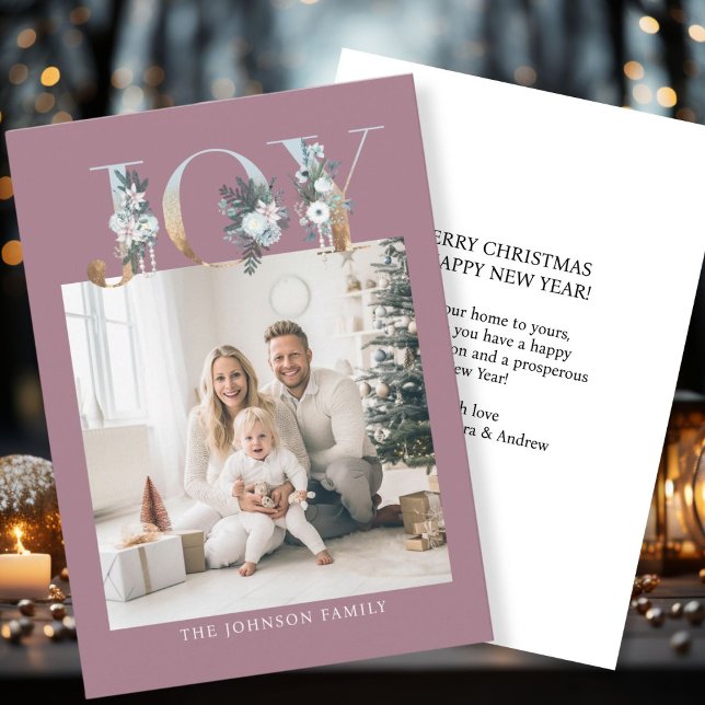 JOY-God jul! Modern, enkel bild Julkort (Customer specific "Joy-Merry Christmas" berry-white-gold, photo holiday card. )