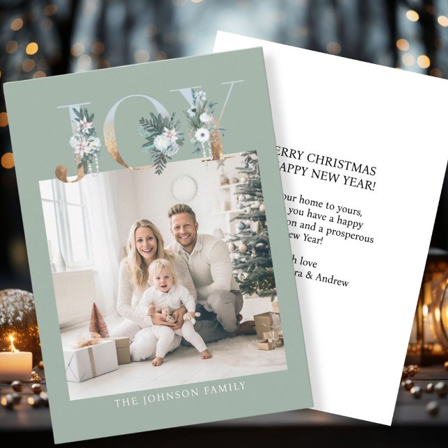 JOY-God jul! Modern, enkel bild Julkort (Customer specific "Joy-Merry Christmas" soft-green-gold, photo holiday card. )