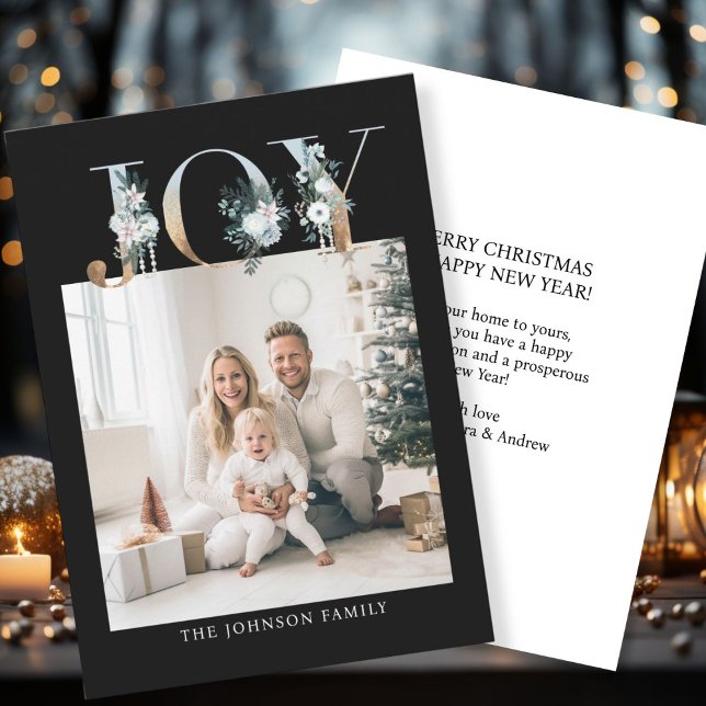 JOY-God jul! Modern, svart-guld, foto Julkort (Customer specific "Joy-Merry Christmas" black-gold, photo holiday card. )
