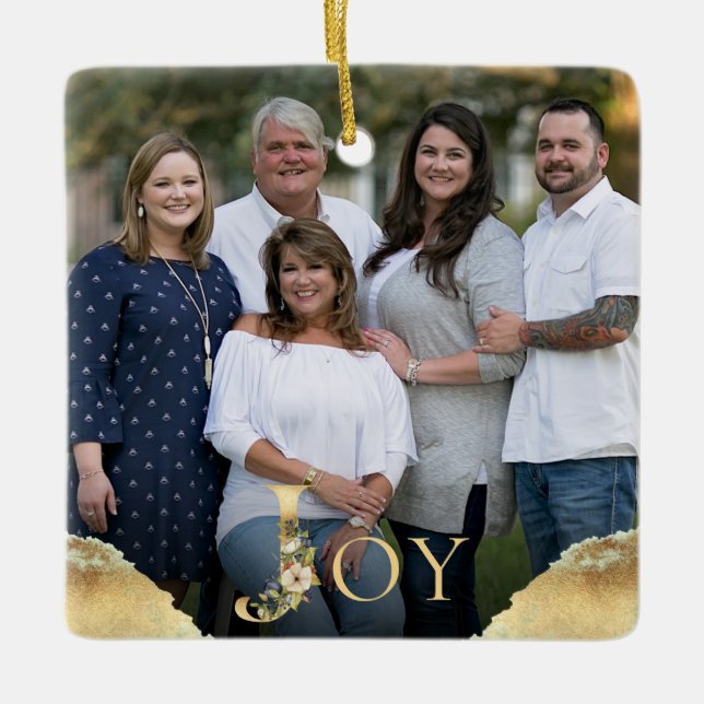 Joy Gold Foil 2 Sided Family Photo jul Julgransprydnad Keramik (Framsida)