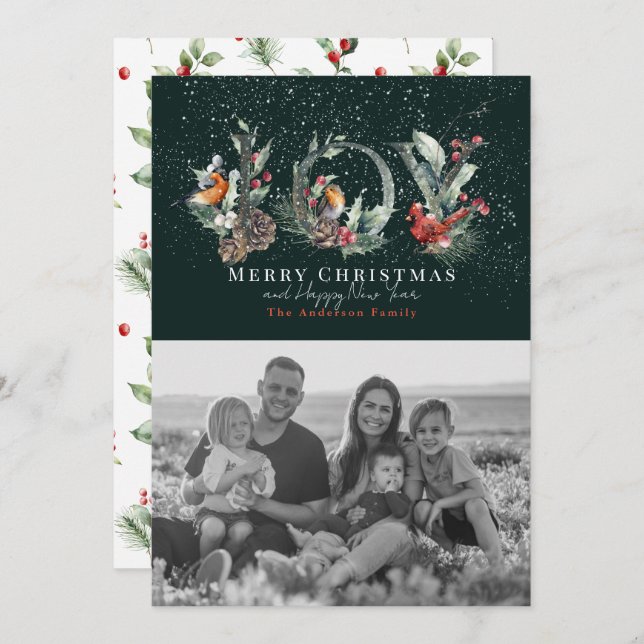 JOY Gräs Cone Red Berry Bird Grönt Julfoto Julkort (Fram/baksida)