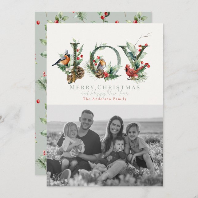 JOY Gräs Cone Red Berry Birds julfoto Julkort (Fram/baksida)