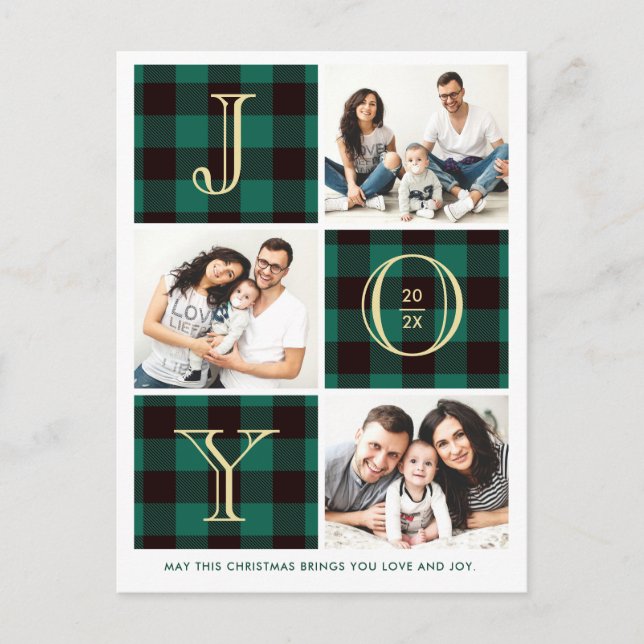 JOY | Green Plaid Photo Collage Christmas Holiday Vykort (Framsida)