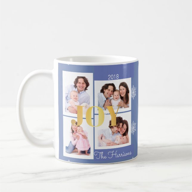 Joy Guld Blue Family Photo Collage jul Kaffemugg (Vänster)