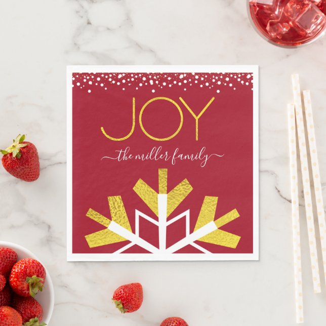 Joy Guld Typography Red Modern Helgdag Snowflake Pappersservett (Insitu)