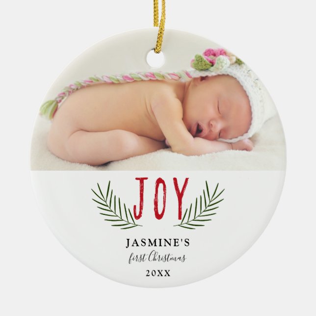 Joy Jul Baby första julfoto-Eleganten Julgransprydnad Keramik (Framsidan)