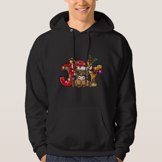 Joy jul Highland Cow Farming Farmer Santa Ha Hoodie (Framsida)