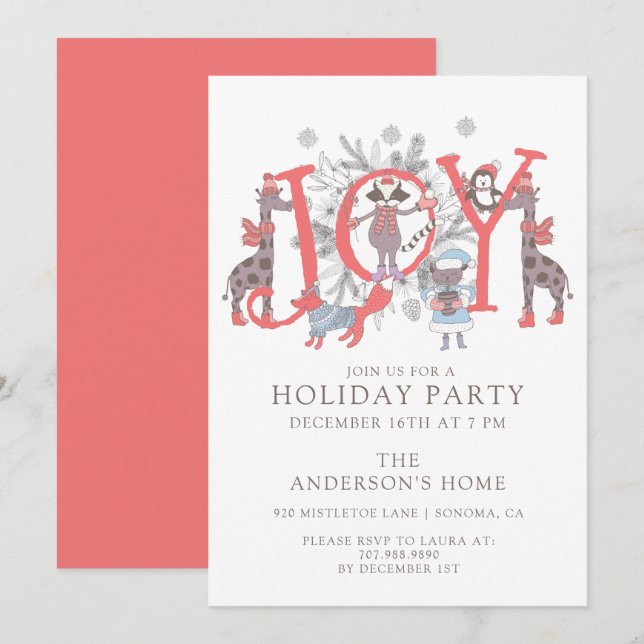 Joy jul Party Animals Julfest Invati Inbjudningar (Fram/baksida)