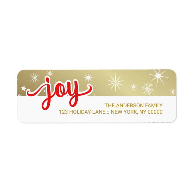 Joy jul Red Guld Hand Script Returadress Etikett (Framsidan)