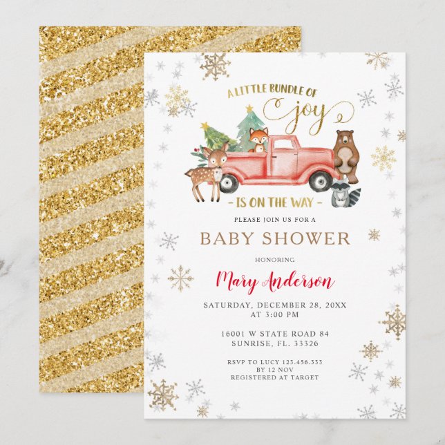 Joy Jul Red Lastbil Baby Shower är på gång Inbjudningar (Fram/baksida)