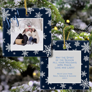 Joy! Julfoto för marinblå och vit Snöflingor Julgransprydnad Keramik