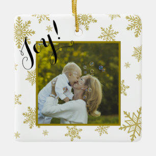 Joy! Julfoto för roligt Guld & vit Snöflingor Julgransprydnad Keramik