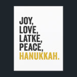 Joy Kärlek Latkes Peace Hanukkah Funny Jewish Vykort<br><div class="desc">roligt, jewant, latke, gift, födelsedag, chanukah, jude, helgdag, menorah</div>