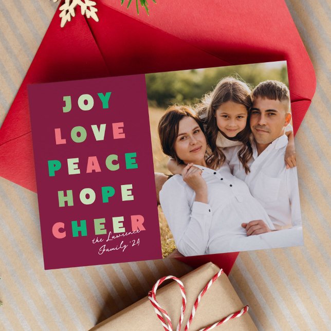 Joy Kärlek Peace Hope Cheer Modern Typography Julkort (modern, fun typography Christmas photo card)