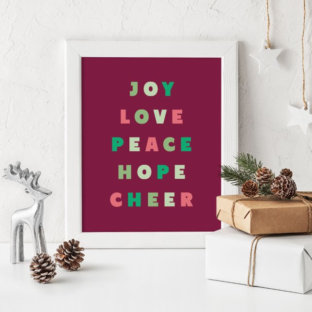 Joy Kärlek Peace-hoppet jul i Modern Typografi Poster (Christmas poster with the words, "joy love peace hope cheer" in a modern font)