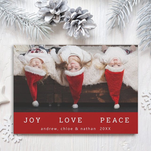 JOY KÄRLEK PEACE Jul Funny Photo Red Julkort (Skapare uppladdad)