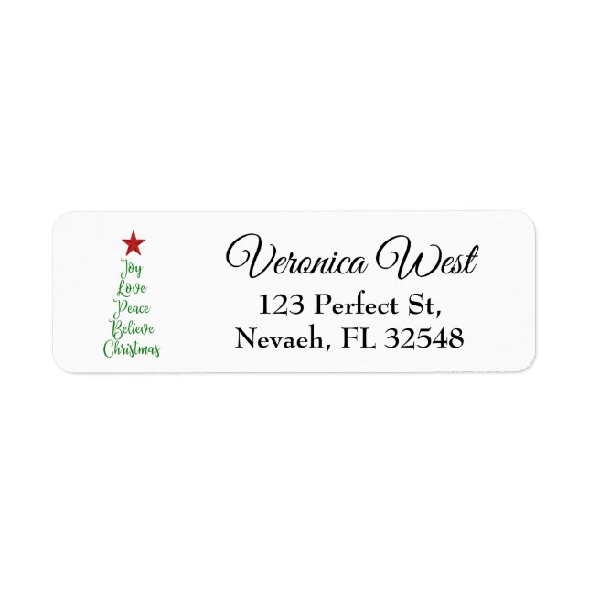 Joy Kärlek Peace Tro Julgran med Röda med Röda Returadress Etikett (Framsidan)