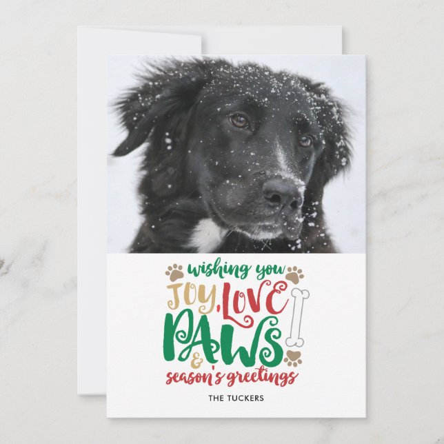 Joy Kärlek Tassar Hund Season Greetings Red Photo Julkort (Framsida)
