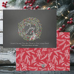 Joy Laurel-andedräkt med Berries Corporate Card Julkort<br><div class="desc">En lagerkrans av vitt med grönt löv och röda bär,  vit text som läser Joy och områden som du enkelt kan anpassa på en svart bakgrund av krita. Kortet är ljust rött med vit,  grön grenar,  löv och bär.</div>