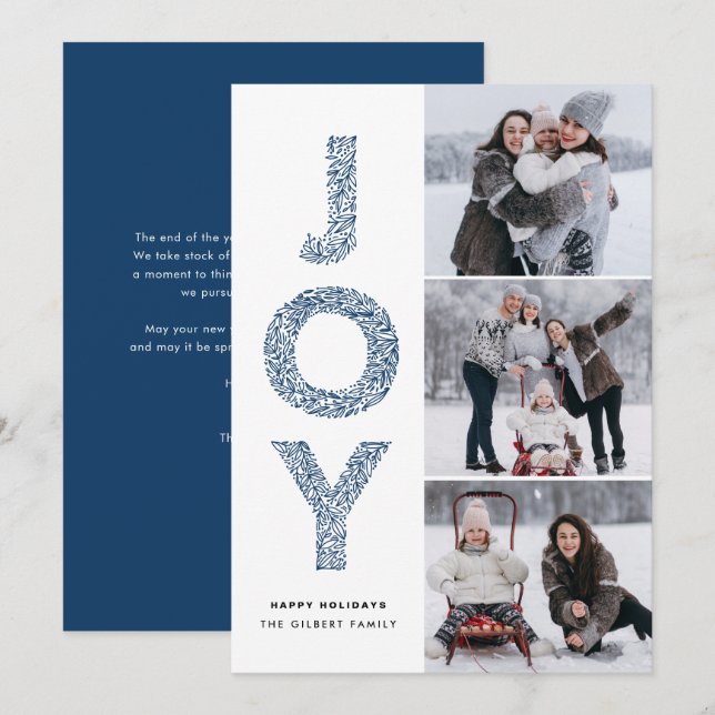 JOY Lettering Blue jul Photo Collage Julkort (Fram/baksida)