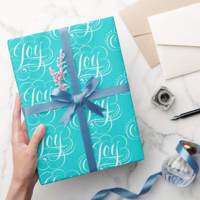 JOY Lettering Fashionable Flourzed Aqua Blue Presentpapper (Gifting)