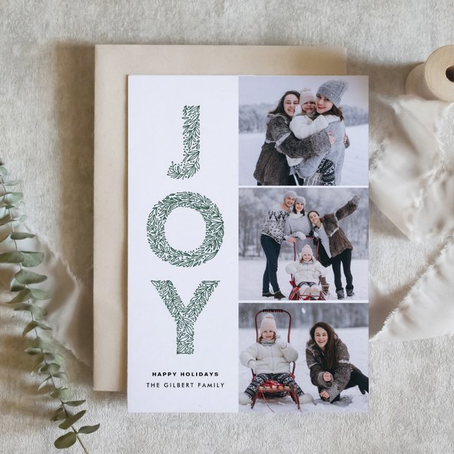 JOY Lettering Grönt jul Photo Collage Julkort (JOY Foliage Lettering Green Christmas Three Photo Collage Holiday Card)