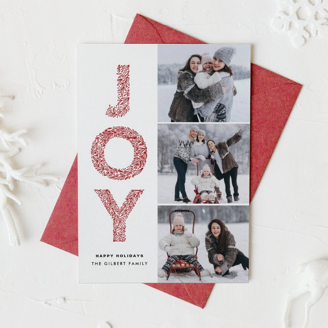 JOY Lettering Red jul Photo Collage Julkort (JOY Foliage Lettering Three Photo Collage Holiday Card)