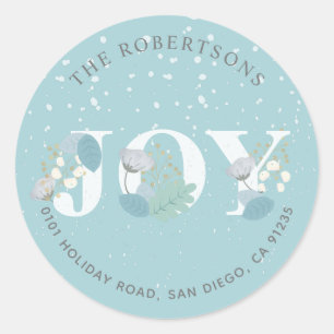 JOY Light Blue Blommigt Snowfall Adress Sticker Runt Klistermärke