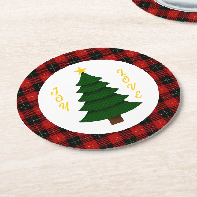 Joy-Love-Custom Plaid Christmas Tree Underlägg Papper Rund (Vinklad)
