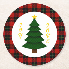 Joy-Love-Custom Plaid Christmas Tree Underlägg Papper Rund