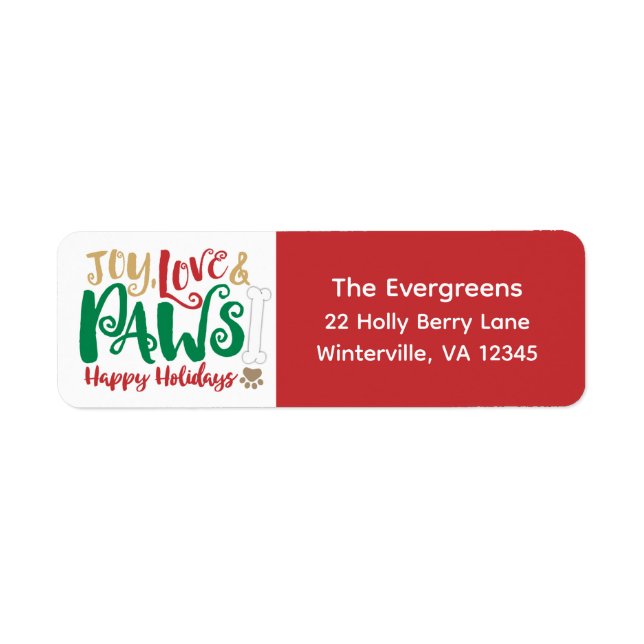 Joy Love Paws Happy Holidays Cute Pet Returadress Etikett (Framsidan)