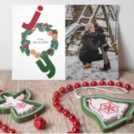 Joy med foto och illustrerad julkrans andedräkt julkort