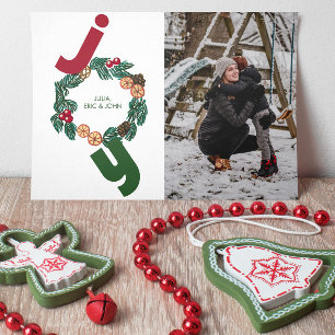 Joy med foto och illustrerad julkrans andedräkt julkort