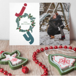 Joy med foto- och julkrans i blått julkort