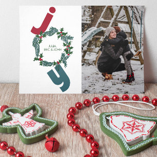 Joy med foto- och julkrans i blått julkort