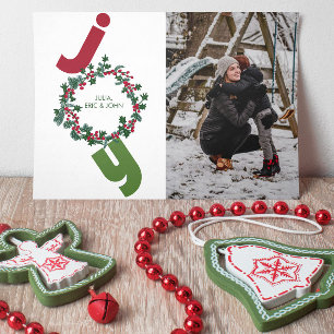 Joy med foto- och julkrans på grönten julkort