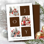 JOY Modern Brown Roligt Script Photo Collage Simag Julkort<br><div class="desc">Skicka semesterhälsningar med anpassade och personlig till vänner, kolleger och familj i enkla, chic, elegant och modern 3-fotosamlingskarta, fräcka, naturliga minimalistiska stil-kort! En tre fotokollage som omges av ord " glädje " i modern brun typografi framträder. Under kalligrafin visas anpassningsbarnas hälsning-meddelande från din familj namn i modern typografi. Omvänd för...</div>