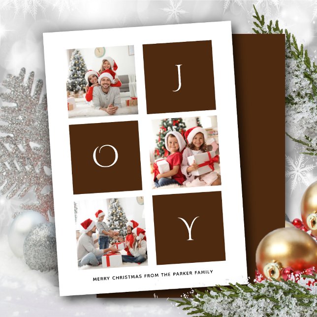 JOY Modern Brown Roligt Script Photo Collage Simag Julkort (Skapare uppladdad)