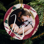 Joy | Modern färgfoto för vattenfärg och Grönt med Julgransprydnad Keramik<br><div class="desc">Modern och snyggt maron och grönt gjorde mönster fotojulfotoprydnad. Utformningen har vår ursprungliga plaid mönster-design med "Joy"-skriptövertäckning. Anpassa med ditt eget speciella familjefoto på framsidan och baksidan. Ursprungliga vattenfärger pläderar teckningar efter Moodthology Papery.</div>